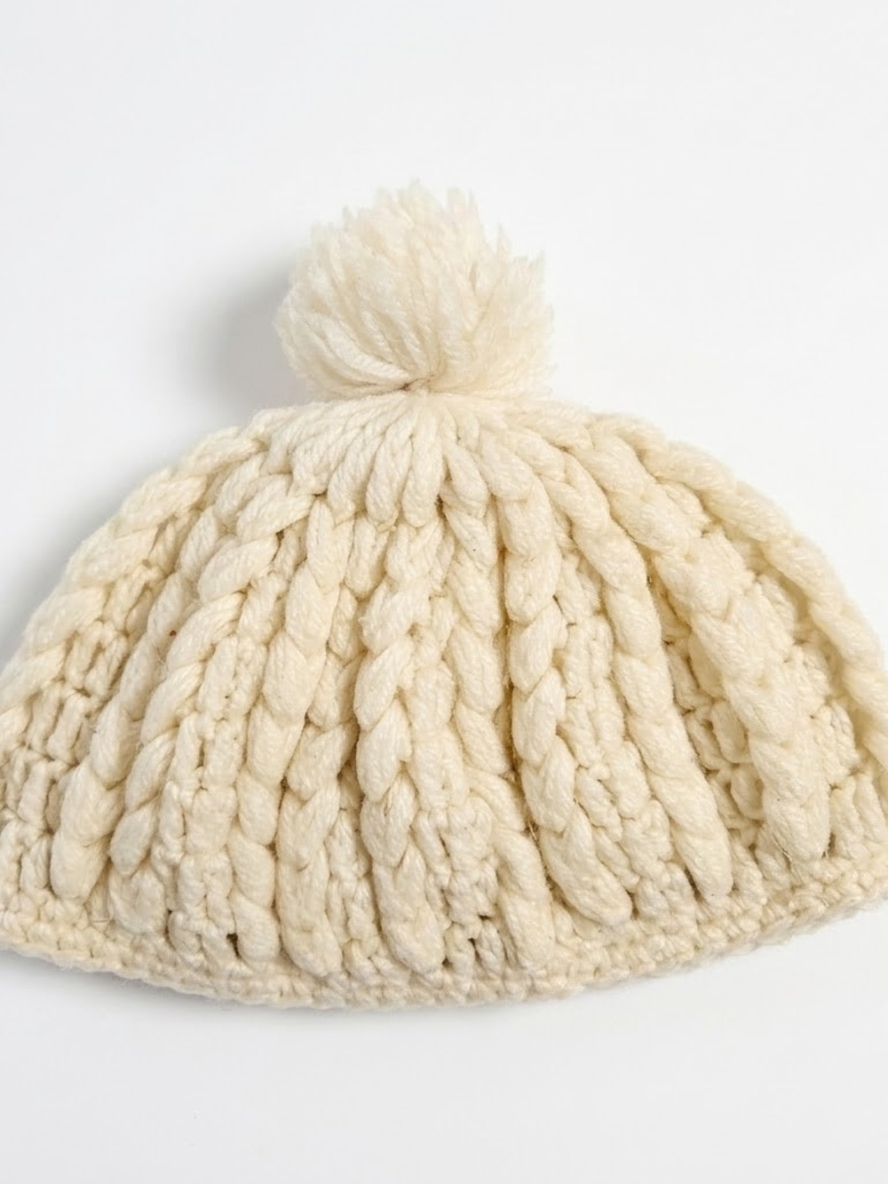 Vintage 70s Chunky Hand Crocheted Pom Pom Beanie Hat Cream Japan